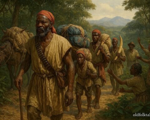 An Ovimbundu caravan leader guiding traders through the highlands of Bié during a long-distance trading expedition across Central Africa.