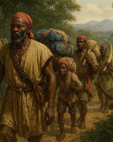 An Ovimbundu caravan leader guiding traders through the highlands of Bié during a long-distance trading expedition across Central Africa.