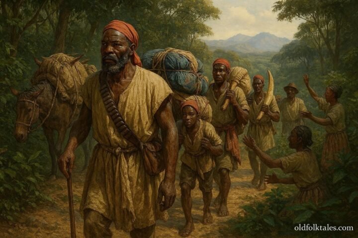 An Ovimbundu caravan leader guiding traders through the highlands of Bié during a long-distance trading expedition across Central Africa.