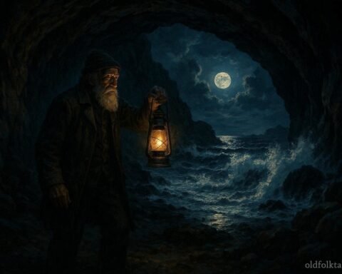 A mysterious sailor holding a lantern inside a hidden coastal cave in Mauritius before warning islanders of approaching danger.