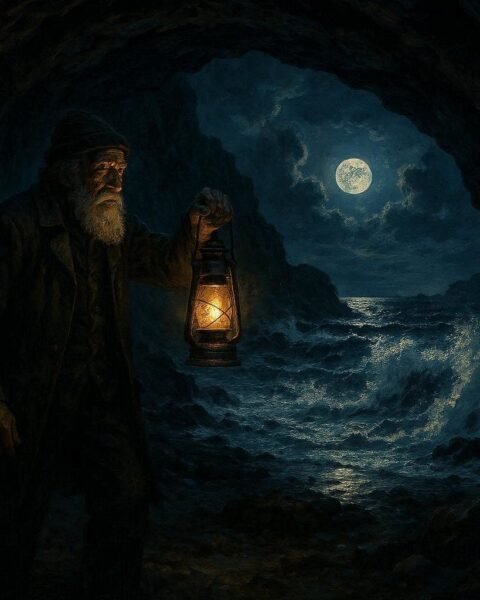 A mysterious sailor holding a lantern inside a hidden coastal cave in Mauritius before warning islanders of approaching danger.
