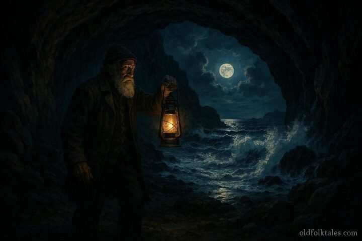 A mysterious sailor holding a lantern inside a hidden coastal cave in Mauritius before warning islanders of approaching danger.