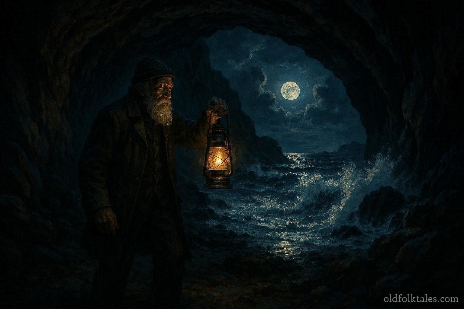 A mysterious sailor holding a lantern inside a hidden coastal cave in Mauritius before warning islanders of approaching danger.