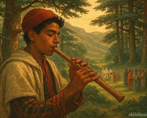 A young woodcarver playing a sacred cedar flute in the mountains while villagers gather peacefully nearby.