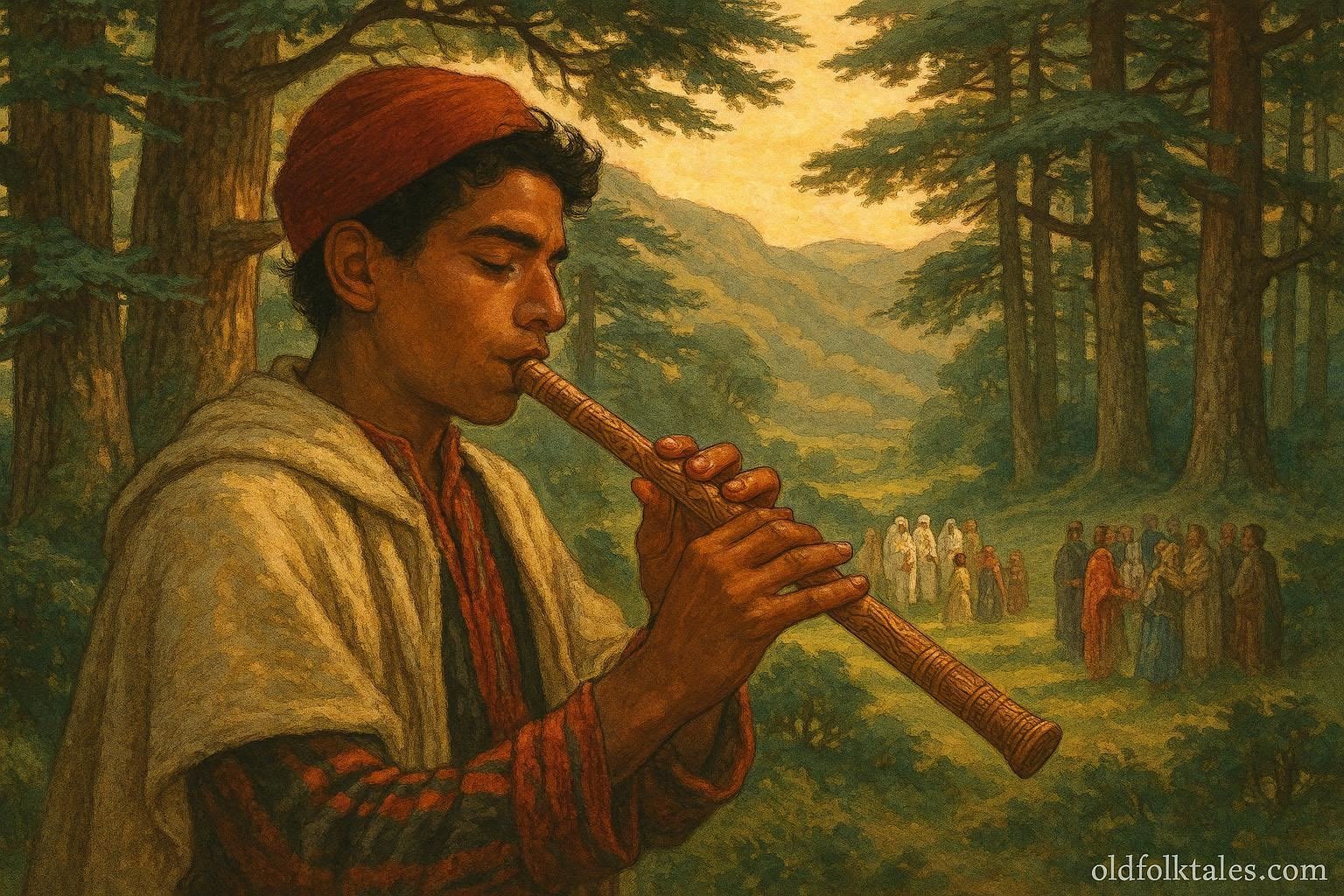 A young woodcarver playing a sacred cedar flute in the mountains while villagers gather peacefully nearby.