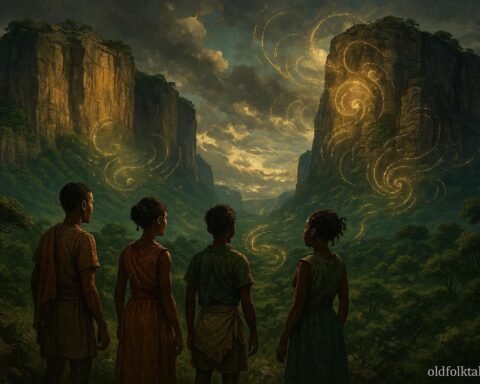 Young villagers listening to mysterious voices echoing from ancient cliffs in Zambia, learning forgotten ancestral wisdom.