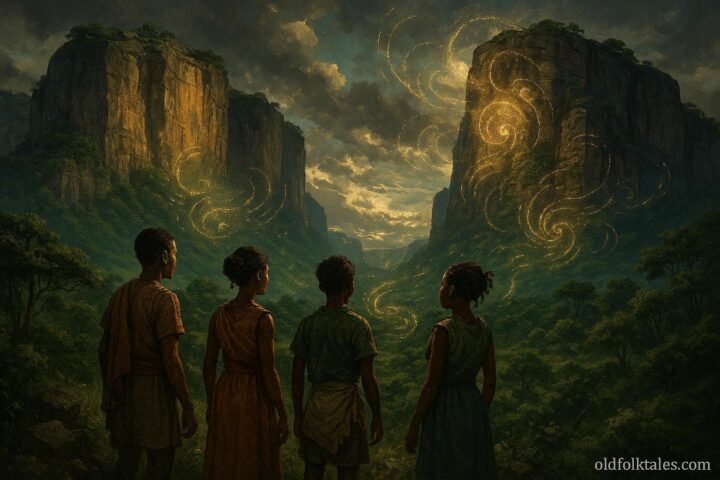 Young villagers listening to mysterious voices echoing from ancient cliffs in Zambia, learning forgotten ancestral wisdom.