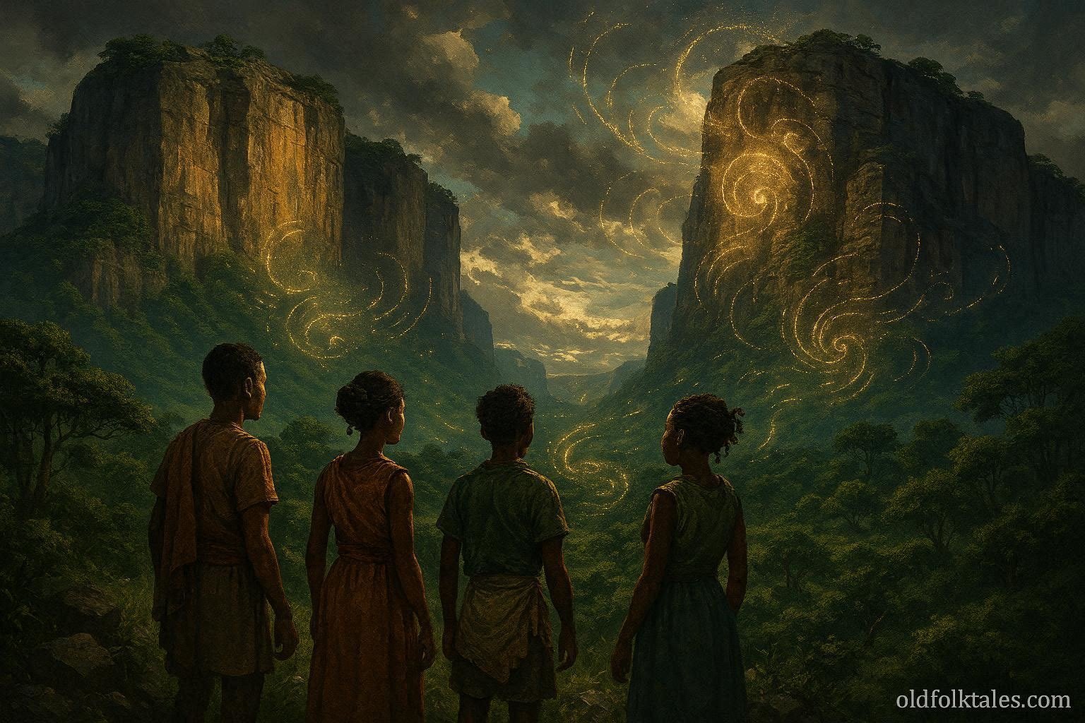 Young villagers listening to mysterious voices echoing from ancient cliffs in Zambia, learning forgotten ancestral wisdom.