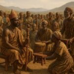 Ovimbundu elders presenting the ceremonial staff and royal stool to a newly crowned Olosoma during a traditional coronation ceremony in Angola.