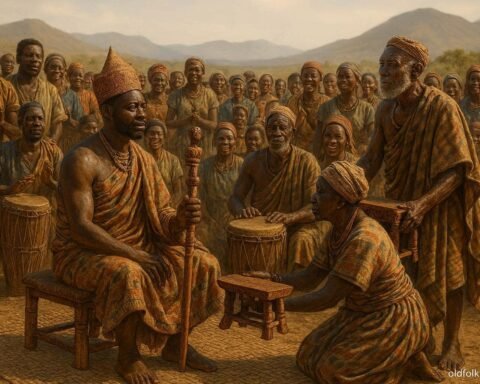 Ovimbundu elders presenting the ceremonial staff and royal stool to a newly crowned Olosoma during a traditional coronation ceremony in Angola.