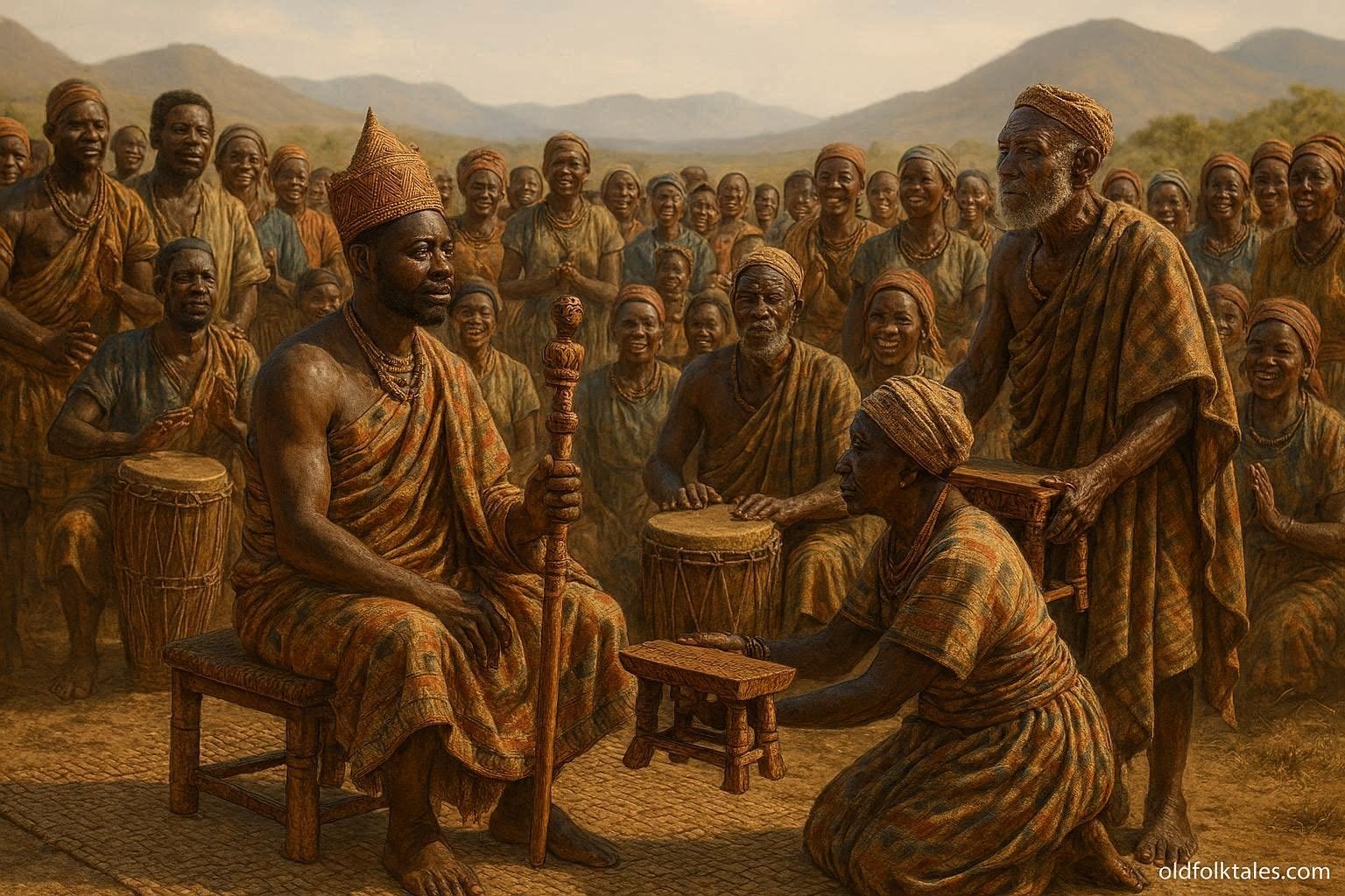 Ovimbundu elders presenting the ceremonial staff and royal stool to a newly crowned Olosoma during a traditional coronation ceremony in Angola.