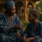 A Bamum Queen Mother offering wise counsel to a young prince in the royal palace gardens of Foumban, Cameroon.
