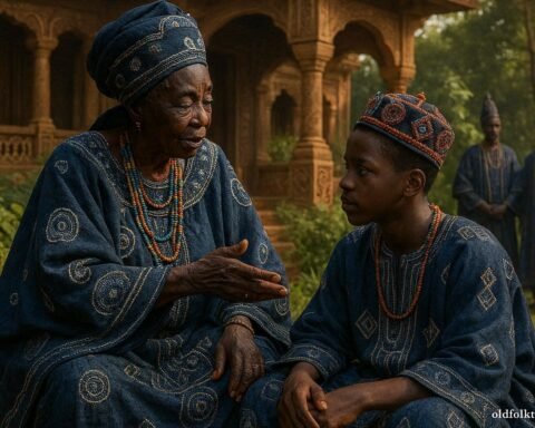 A Bamum Queen Mother offering wise counsel to a young prince in the royal palace gardens of Foumban, Cameroon.