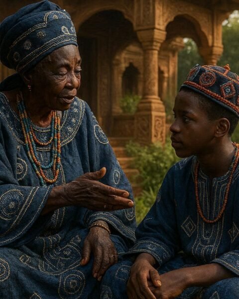 A Bamum Queen Mother offering wise counsel to a young prince in the royal palace gardens of Foumban, Cameroon.