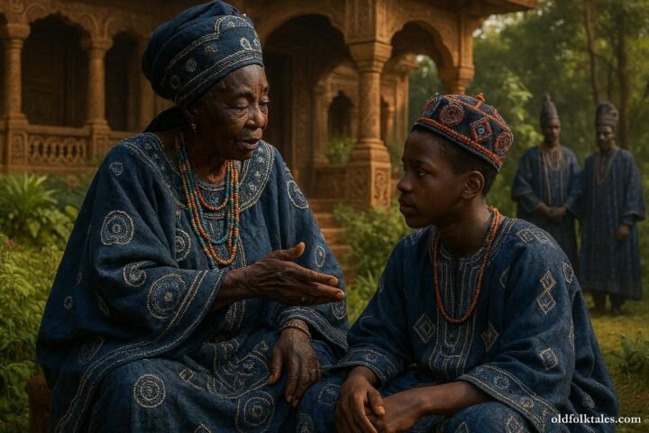 A Bamum Queen Mother offering wise counsel to a young prince in the royal palace gardens of Foumban, Cameroon.