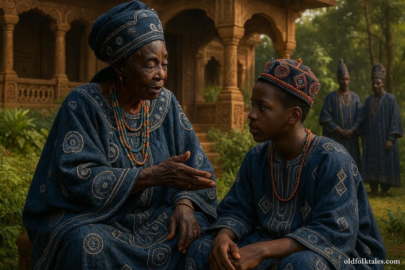 A Bamum Queen Mother offering wise counsel to a young prince in the royal palace gardens of Foumban, Cameroon.