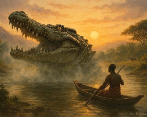 A legendary giant crocodile appearing from the Luangwa River to remind people to respect nature and its resources.
