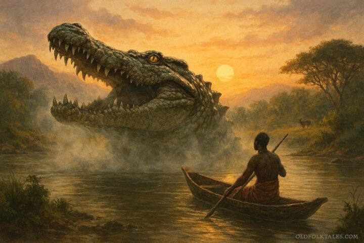 A legendary giant crocodile appearing from the Luangwa River to remind people to respect nature and its resources.