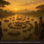 Mysterious stones floating and moving in patterns on a river while villagers watch from the shore in eastern Zambia.