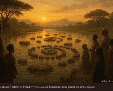 Mysterious stones floating and moving in patterns on a river while villagers watch from the shore in eastern Zambia.