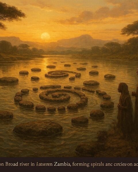 Mysterious stones floating and moving in patterns on a river while villagers watch from the shore in eastern Zambia.