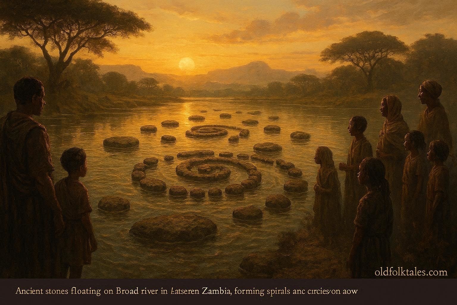 Mysterious stones floating and moving in patterns on a river while villagers watch from the shore in eastern Zambia.