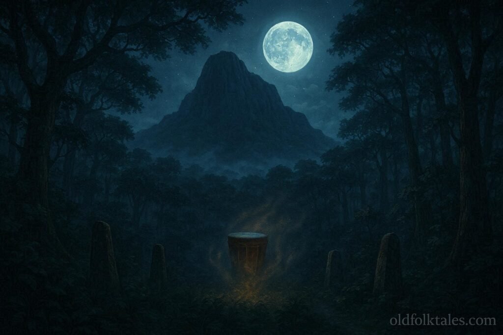 A sacred mountain surrounded by rainforest as mysterious drum sounds echo from beneath the earth
