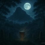 A sacred mountain surrounded by rainforest as mysterious drum sounds echo from beneath the earth