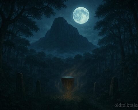 A sacred mountain surrounded by rainforest as mysterious drum sounds echo from beneath the earth