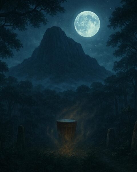 A sacred mountain surrounded by rainforest as mysterious drum sounds echo from beneath the earth
