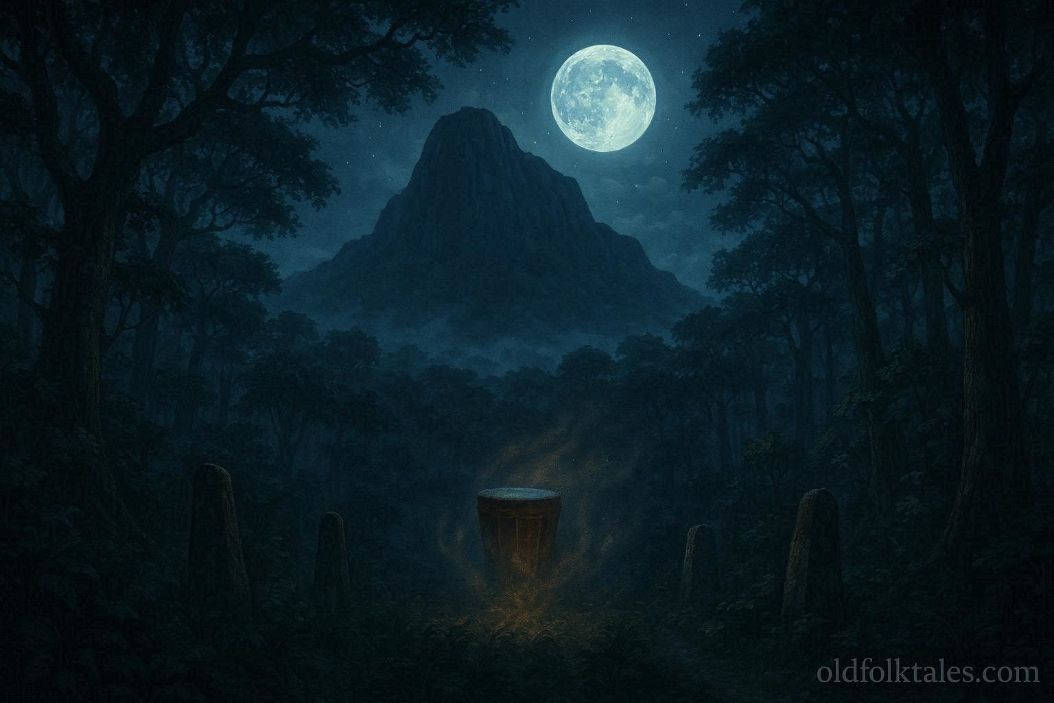 A sacred mountain surrounded by rainforest as mysterious drum sounds echo from beneath the earth