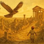 A sacred falcon flying above the ancient ruins of Dougga while guiding a young villager toward hidden historical discoveries.