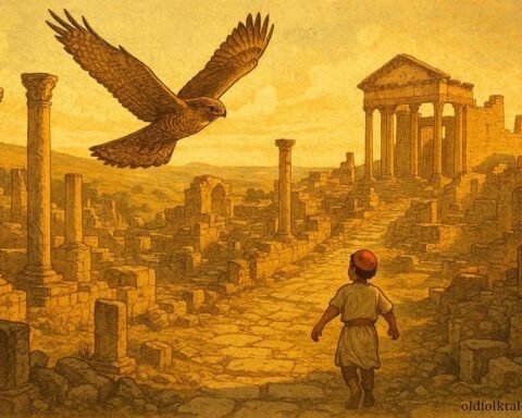 A sacred falcon flying above the ancient ruins of Dougga while guiding a young villager toward hidden historical discoveries.