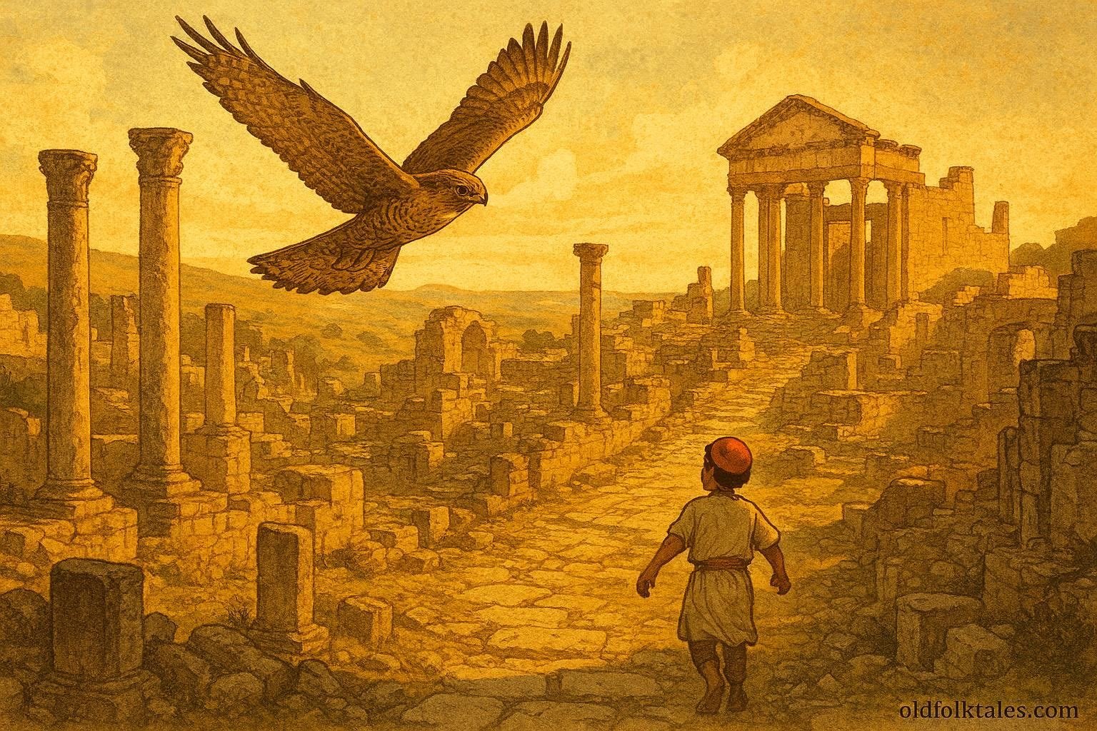 A sacred falcon flying above the ancient ruins of Dougga while guiding a young villager toward hidden historical discoveries.