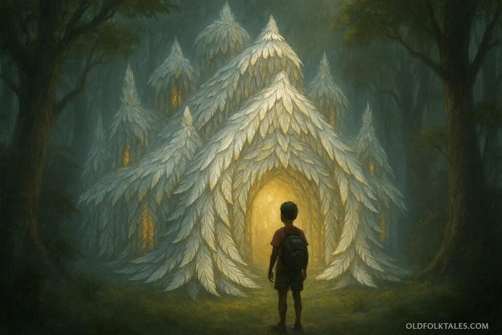 A magical feather-covered house appearing in a misty forest to guide a lost traveler toward self-discovery and purpose.
