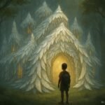 A magical feather-covered house appearing in a misty forest to guide a lost traveler toward self-discovery and purpose.