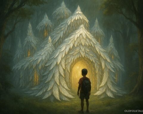 A magical feather-covered house appearing in a misty forest to guide a lost traveler toward self-discovery and purpose.
