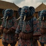 Adult Bamileke performers wearing elaborate beaded elephant masks during a traditional royal festival in the Cameroon Grassfields.