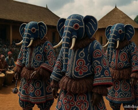 Adult Bamileke performers wearing elaborate beaded elephant masks during a traditional royal festival in the Cameroon Grassfields.