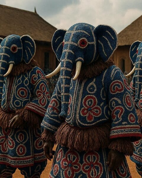 Adult Bamileke performers wearing elaborate beaded elephant masks during a traditional royal festival in the Cameroon Grassfields.