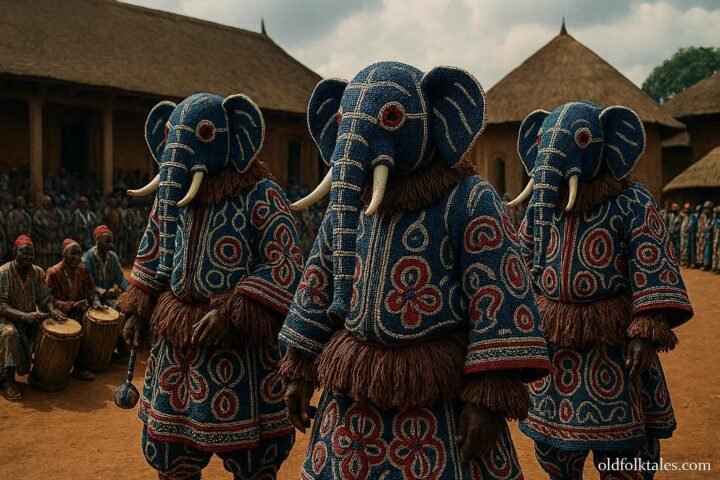 Adult Bamileke performers wearing elaborate beaded elephant masks during a traditional royal festival in the Cameroon Grassfields.