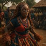 A Chokwe Mwana Pwo masked dancer performs before a gathered community during a traditional cultural celebration in Angola.