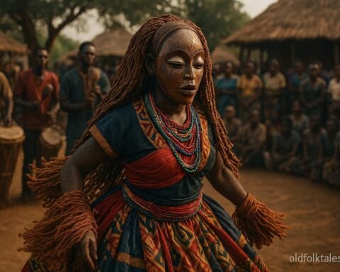 A Chokwe Mwana Pwo masked dancer performs before a gathered community during a traditional cultural celebration in Angola.