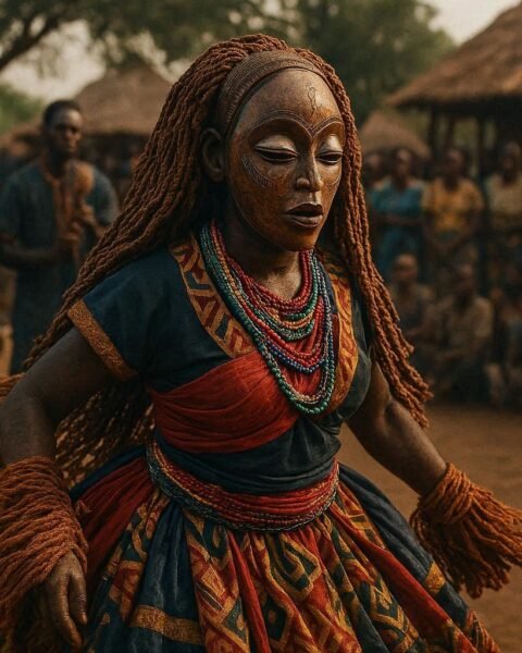 A Chokwe Mwana Pwo masked dancer performs before a gathered community during a traditional cultural celebration in Angola.