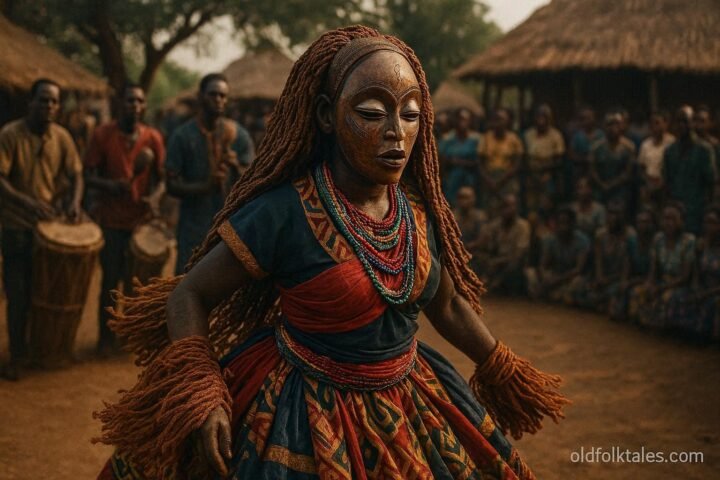 A Chokwe Mwana Pwo masked dancer performs before a gathered community during a traditional cultural celebration in Angola.