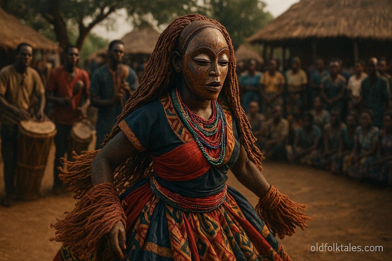 A Chokwe Mwana Pwo masked dancer performs before a gathered community during a traditional cultural celebration in Angola.