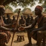 An Ovimbundu elder presenting a carved ceremonial staff to a newly chosen soba during a traditional leadership ceremony in central Angola.