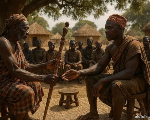 An Ovimbundu elder presenting a carved ceremonial staff to a newly chosen soba during a traditional leadership ceremony in central Angola.