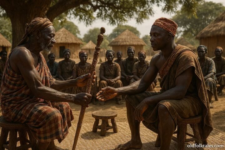 An Ovimbundu elder presenting a carved ceremonial staff to a newly chosen soba during a traditional leadership ceremony in central Angola.
