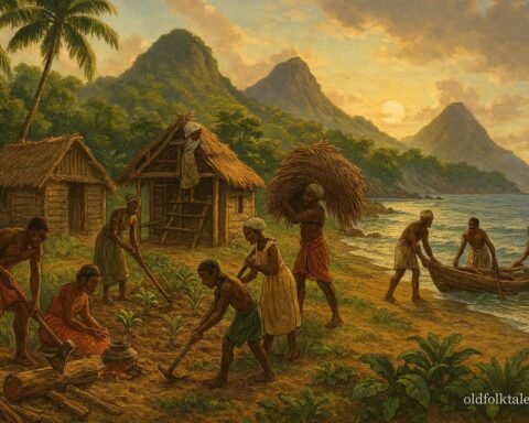 Early settlers on Annobón Island working together to build homes, farm land, and create a thriving community.